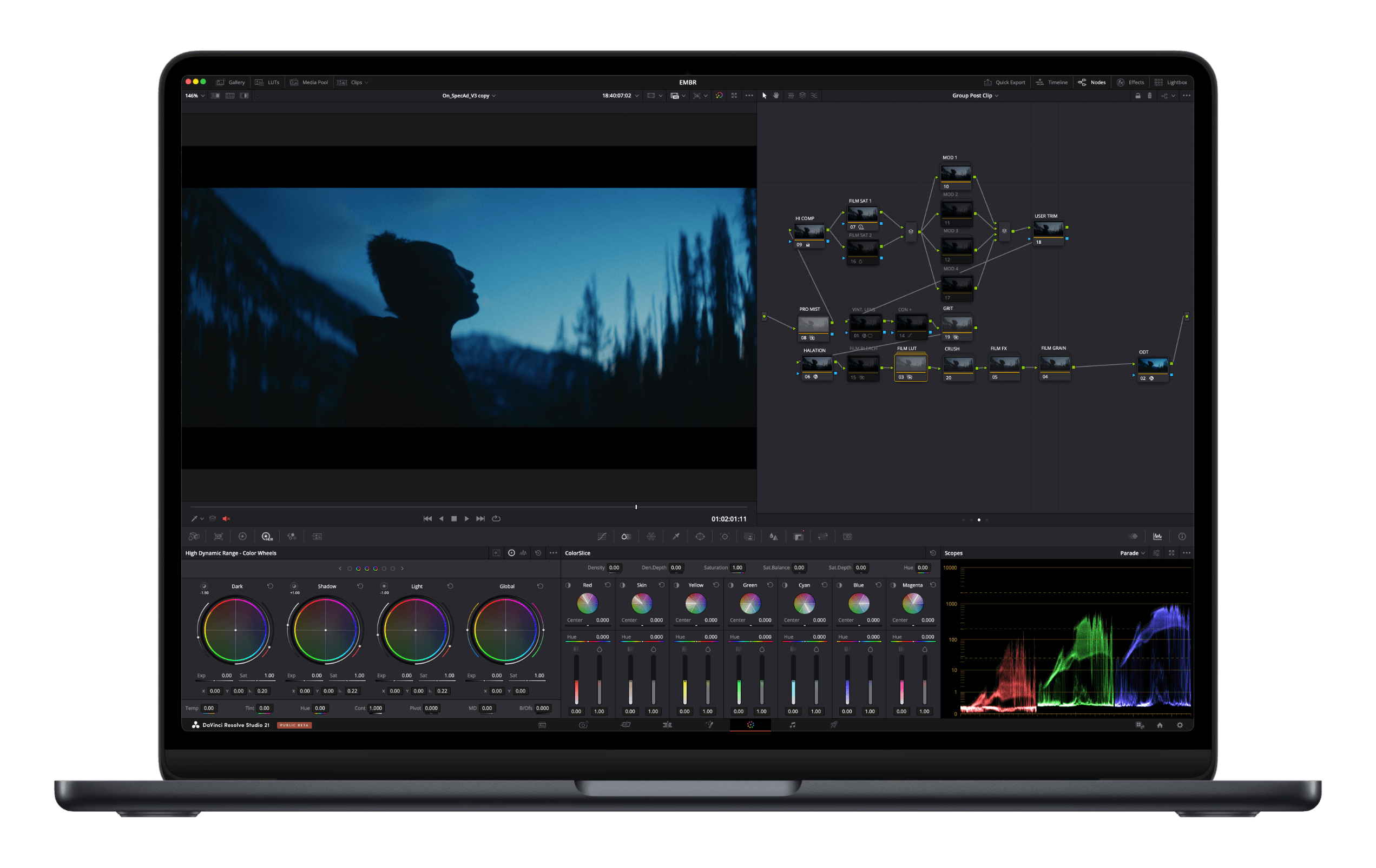DaVinci Resolve running with the EMBR system visible across the node tree.