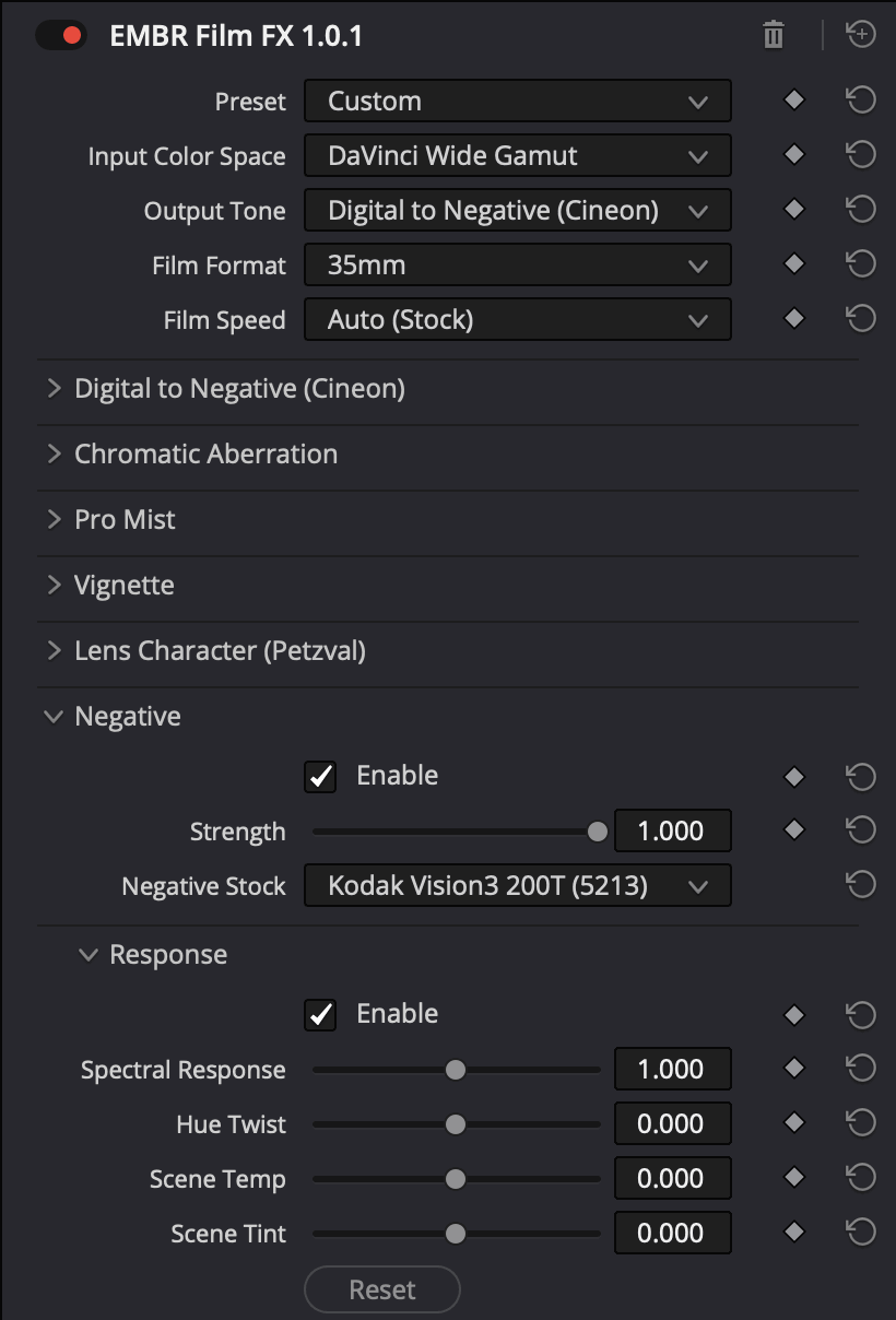 EMBR Film FX panel with Output Tone set to Digital to Negative (Cineon) and, under the Negative section, Negative Stock set to Kodak Vision3 200T (5213)