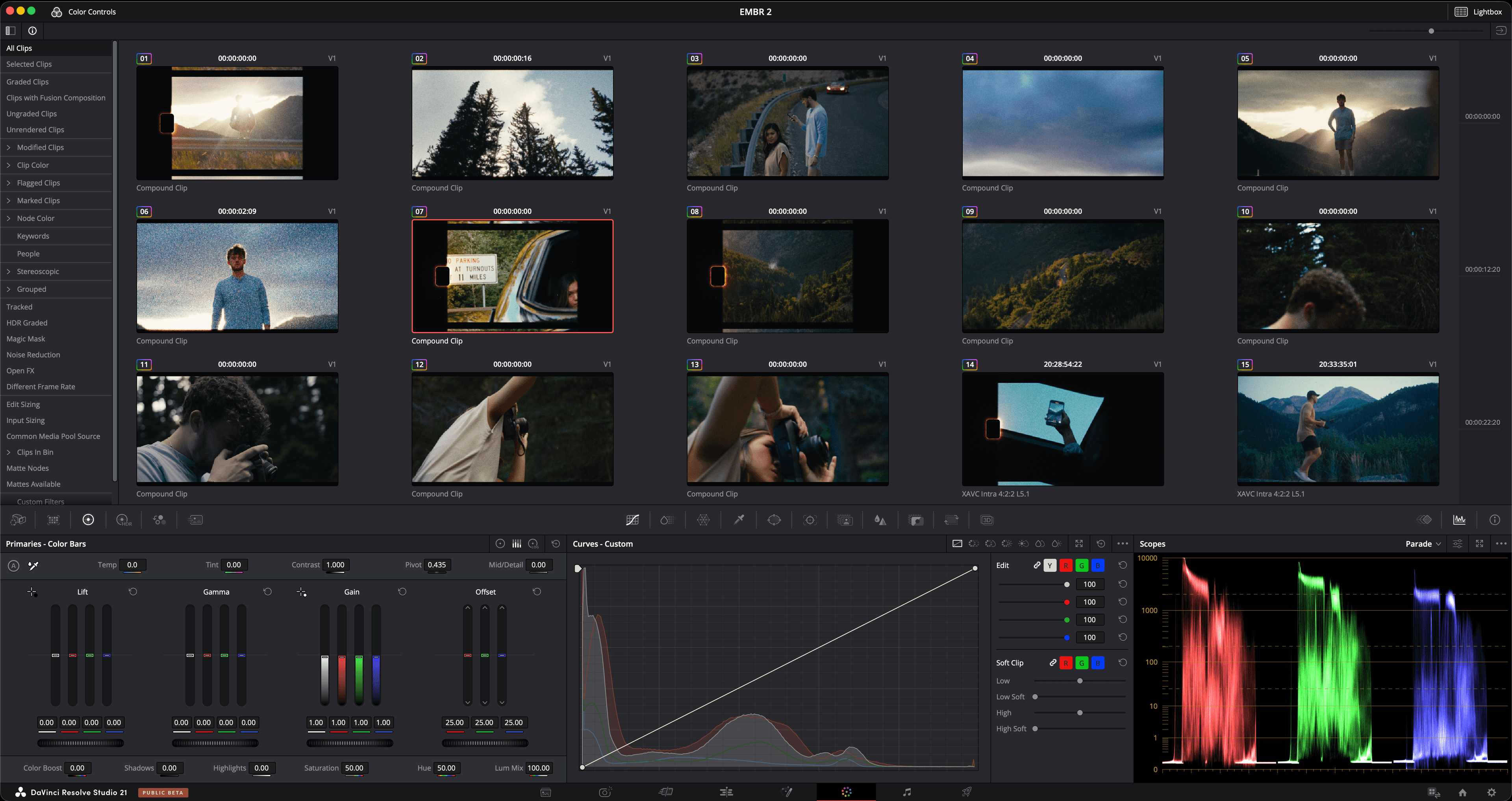 The Lightbox grid of timeline clips with a full color panel docked below it