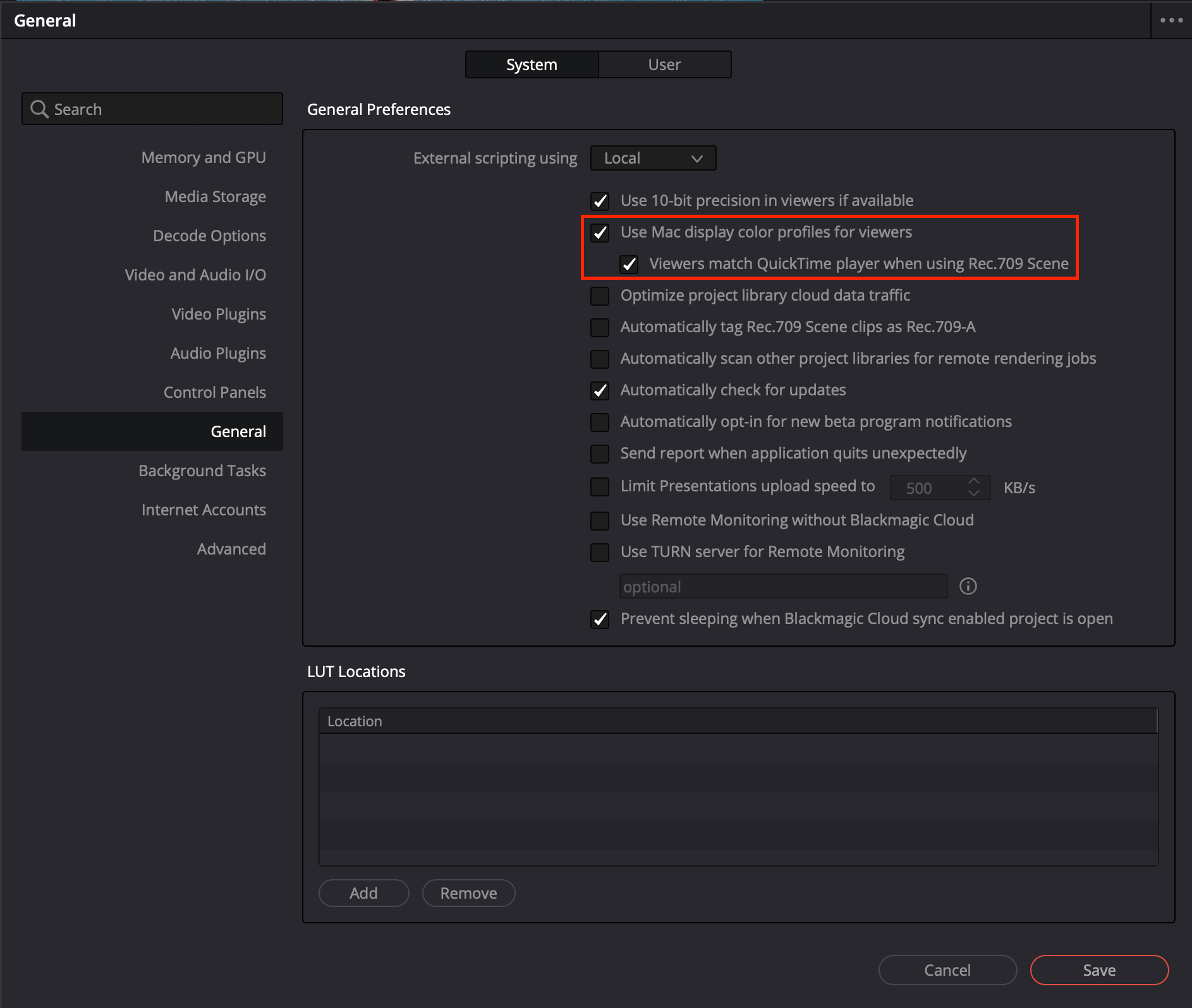 Resolve Preferences, General panel, with Use Mac display color profiles for viewers and Viewers match QuickTime player when using Rec.709 Scene both checked