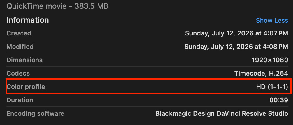 Finder's Get Info panel for an exported QuickTime file, showing Color profile: HD (1-1-1)