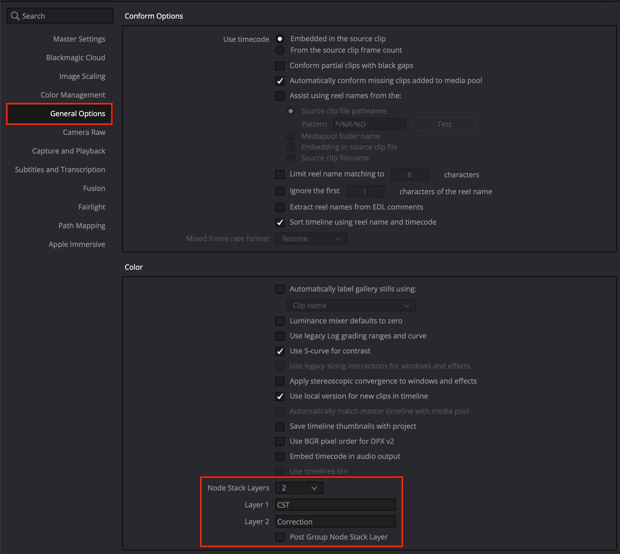 Project Settings, General Options panel, with the Color section's Node Stack Layers set to 2, Layer 1 named CST and Layer 2 named Correction