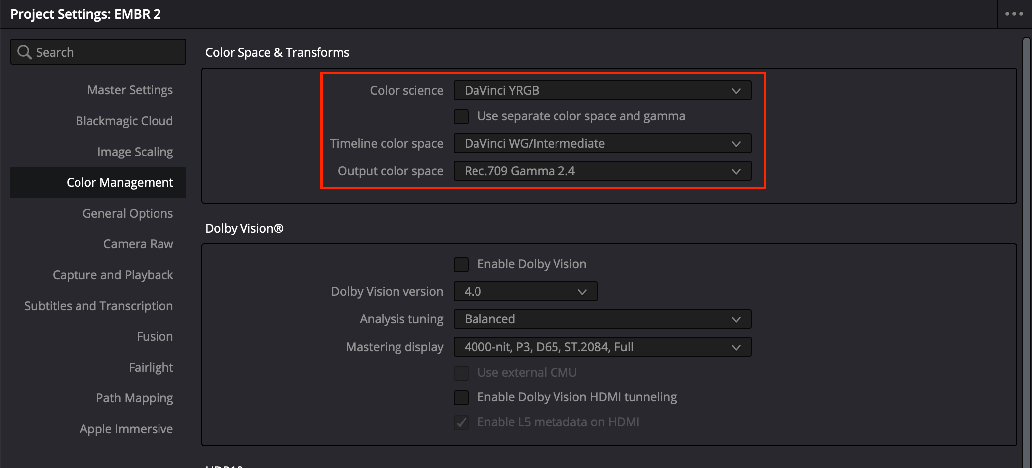 Project Settings, Color Management panel, DaVinci YRGB with timeline color space set to DaVinci Wide Gamut / DaVinci Intermediate