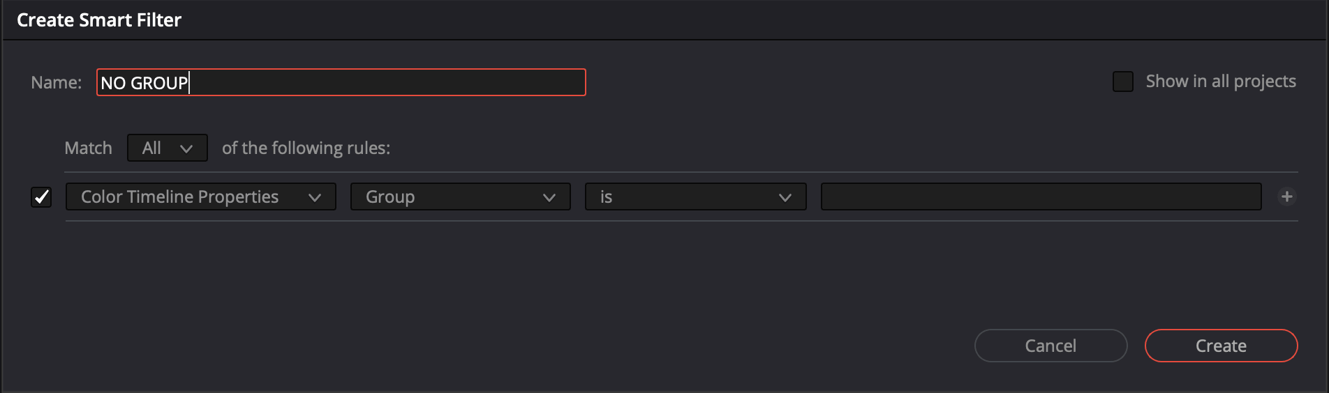 Create Smart Filter dialog, named NO GROUP, matching all of the following rules: Color Timeline Properties, Group, is (left blank)