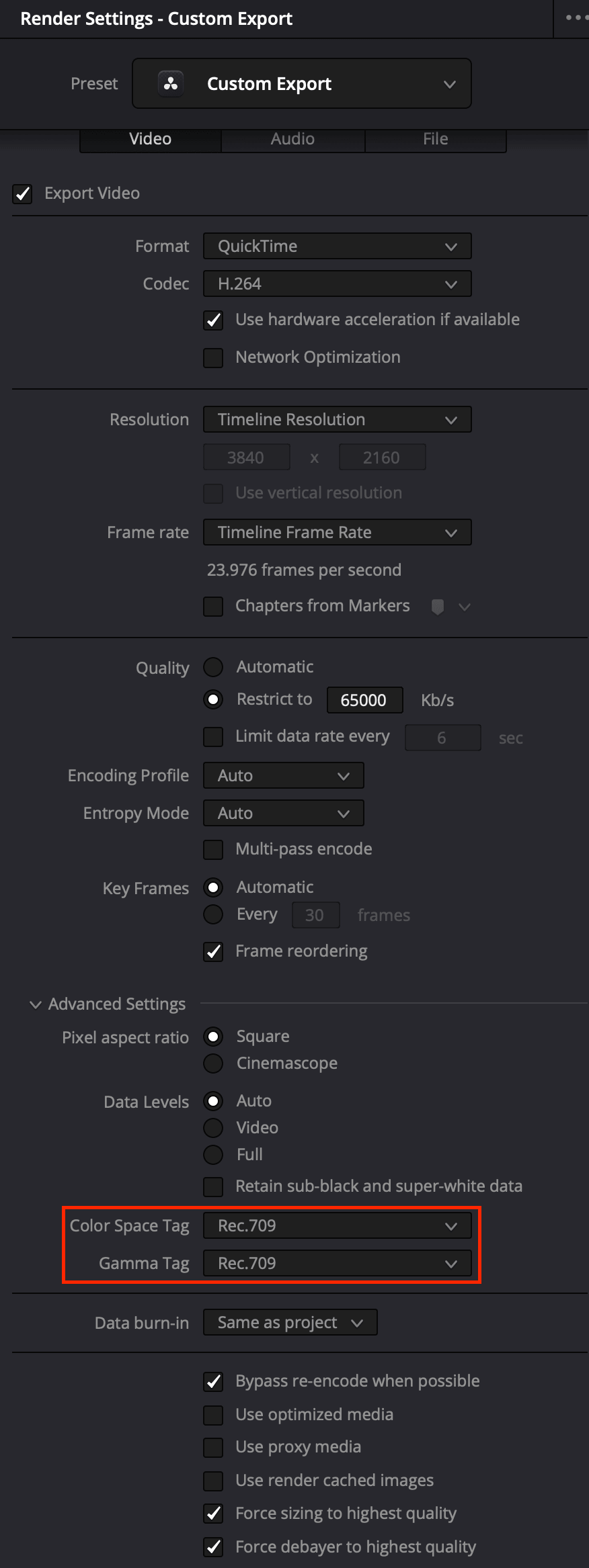 Deliver page render settings with Color Space Tag set to Rec.709 and Gamma Tag set to Rec.709 (the 1-1-1 configuration)