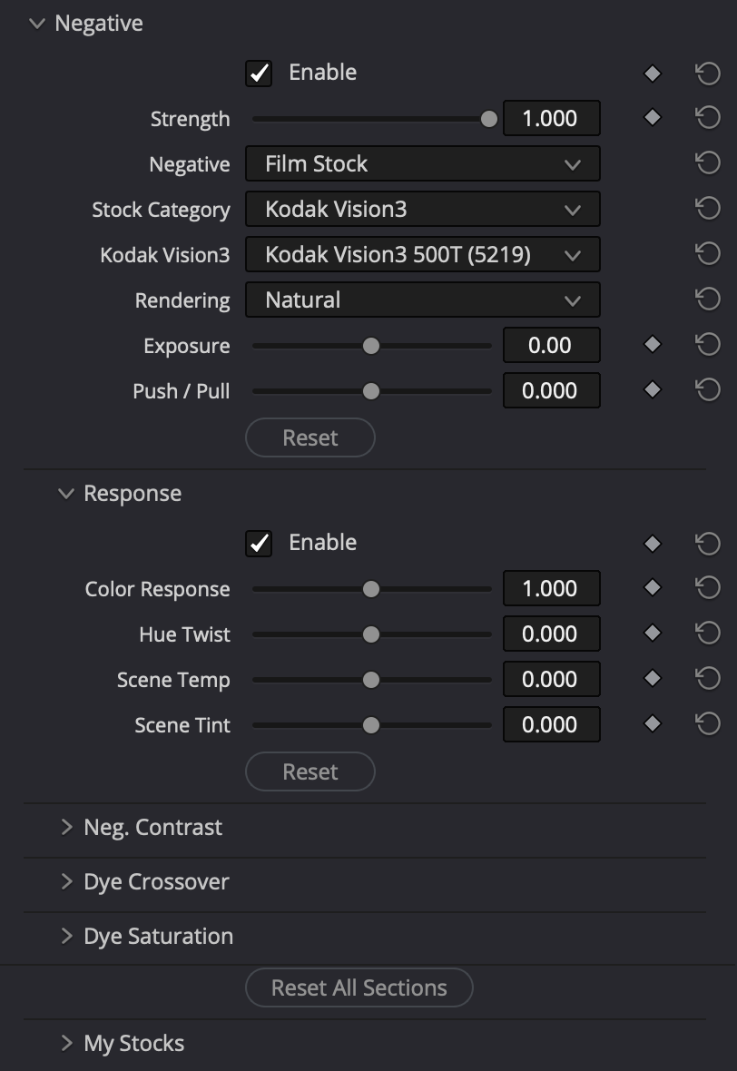 The EMBR Negative panel in DaVinci Resolve: an authored film stock chosen by category, with exposure, push and pull, color response, and further sections for negative contrast, dye crossover and dye saturation.
