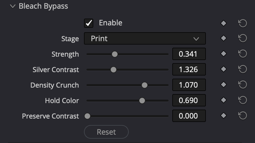 The Bleach Bypass controls: stage selector for negative or print, strength, silver contrast, density crunch, hold color, preserve contrast.