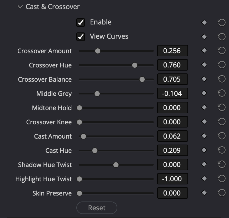The Cast & Crossover controls: crossover amount, hue, balance, middle grey, cast amount and hue, hue twists, skin preserve.