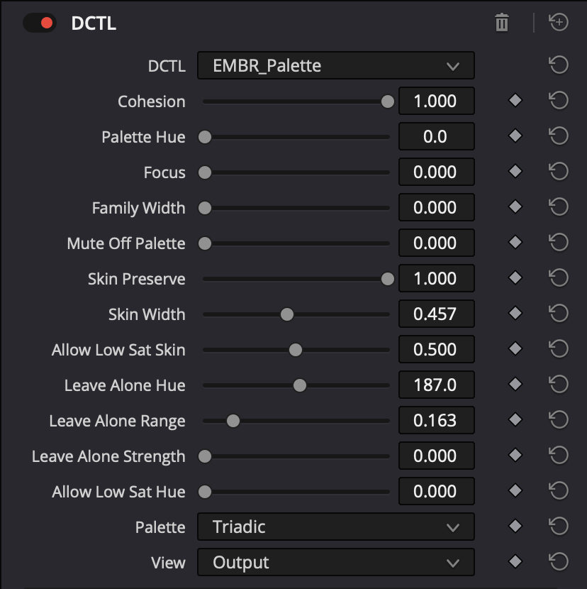 The EMBR Palette controls: cohesion, scheme, skin preserve.